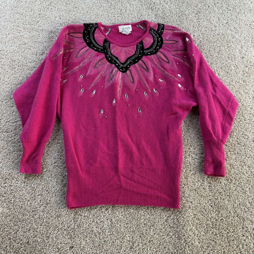 Vintage Cedars Sweater Womens Medium Pink Beaded Leather Angora Crew Neck Dolman